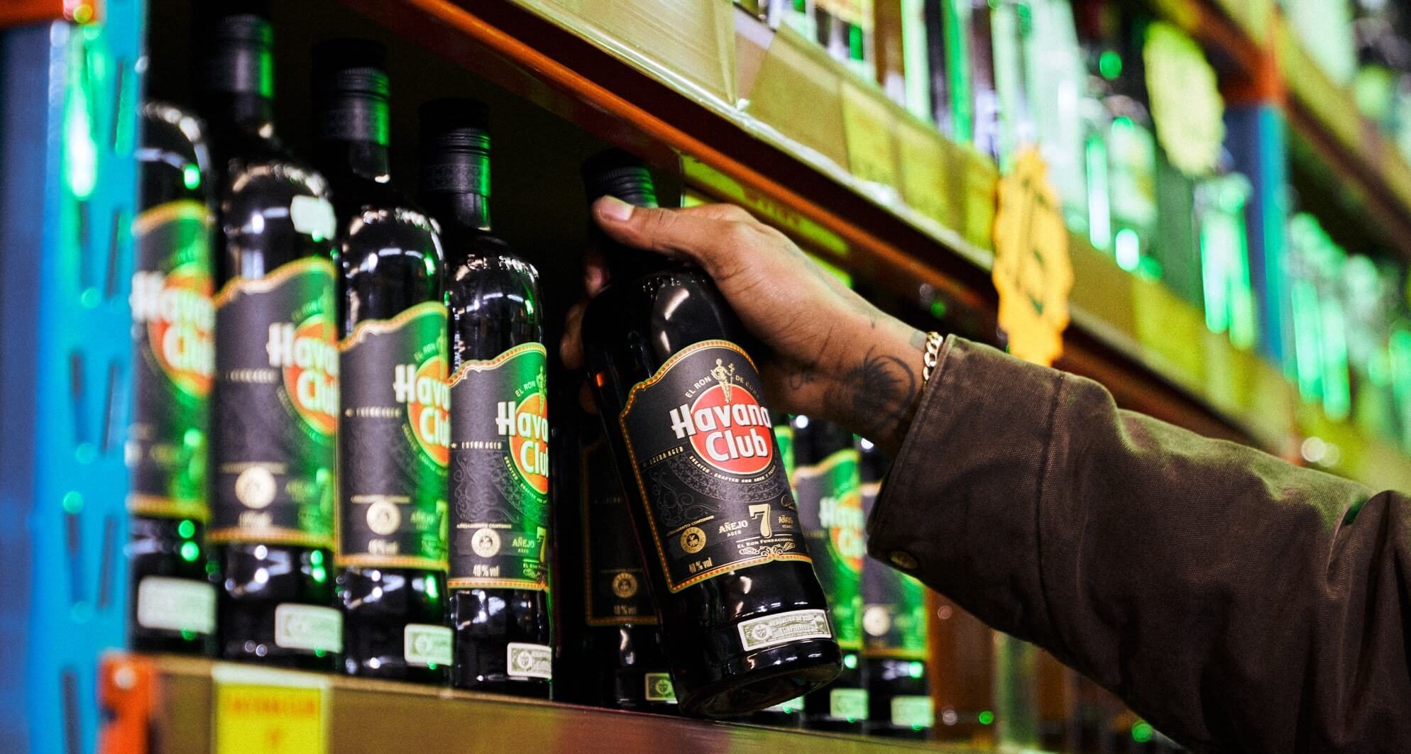 Bottles of Havana Club 7 anos on a shelf in-store